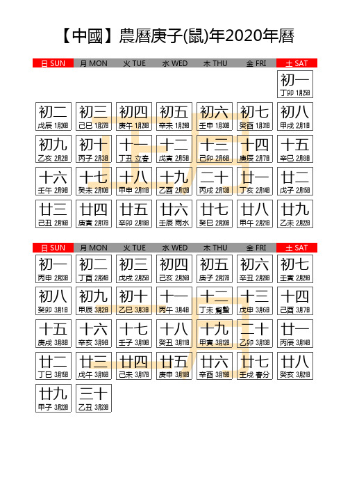 【中国】农历庚子(鼠)年2020年历