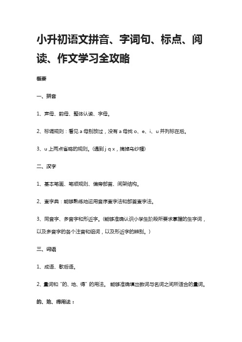 小升初语文拼音、字词句、标点、阅读、作文学习全攻略