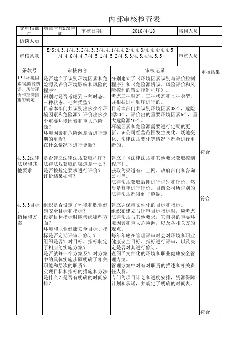 质量管理改善部内部审核现场检查记录表