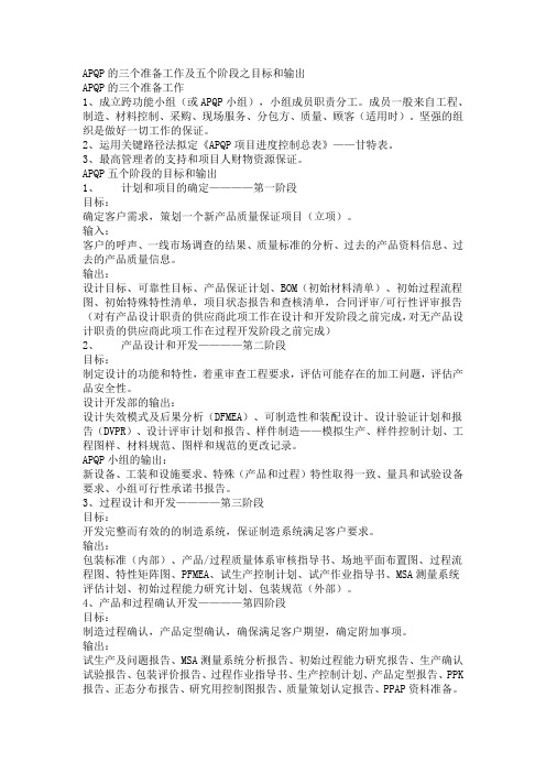 APQP的三个准备工作及五个阶段之目标和输出