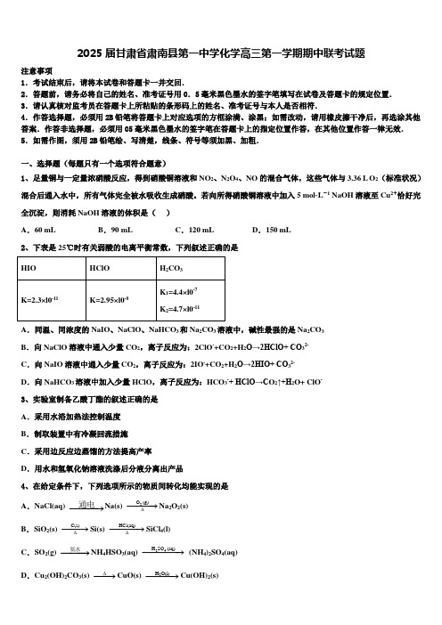 2025届甘肃省肃南县第一中学化学高三第一学期期中联考试题含解析