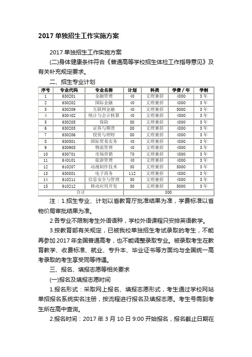 2017单独招生工作实施方案