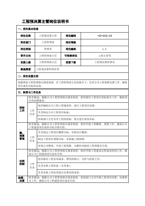 工程预决算主管岗位说明书