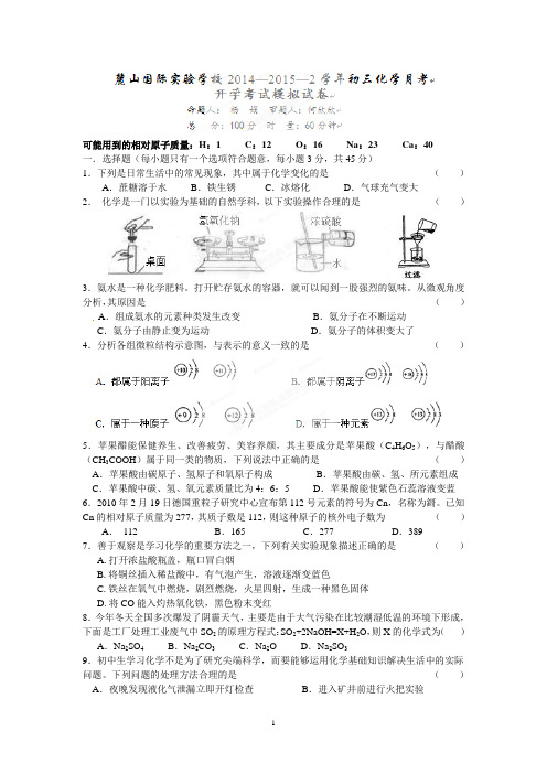 麓山国际实验学校2015届九年级下学期化学开学考试模拟试题