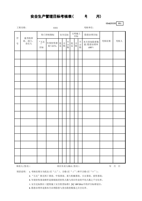 安全生产管理目标考核表( 年 月)GDAQ20203(新)