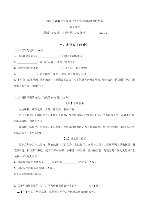 上海市浦东新区2020—2021学年度九年级语文一模试卷(含答案)