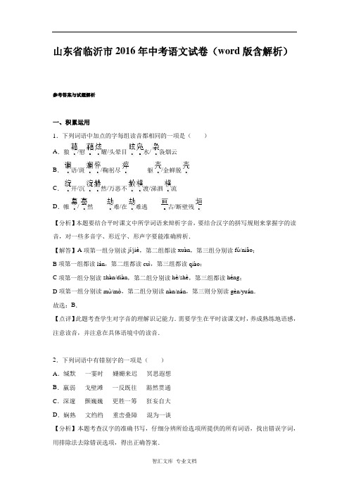 2016年临沂市中考语文试题解析版