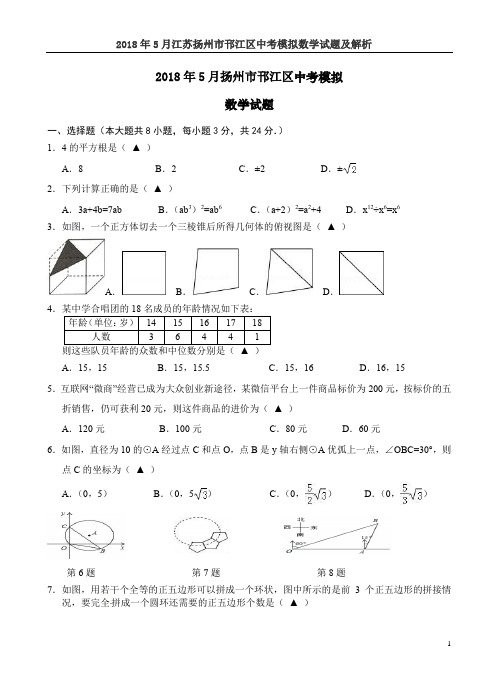 2018年5月江苏扬州市邗江区中考模拟数学试题及解析