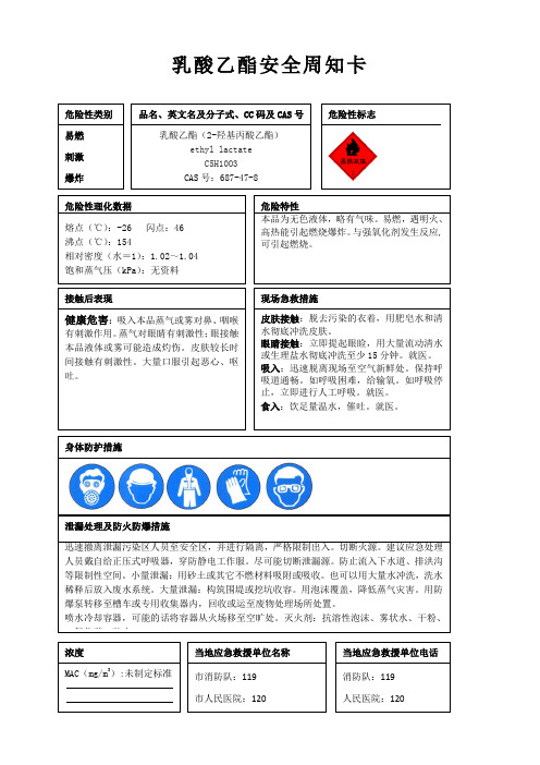 乳酸乙酯安全周知卡、职业危害告知卡、理化特性表