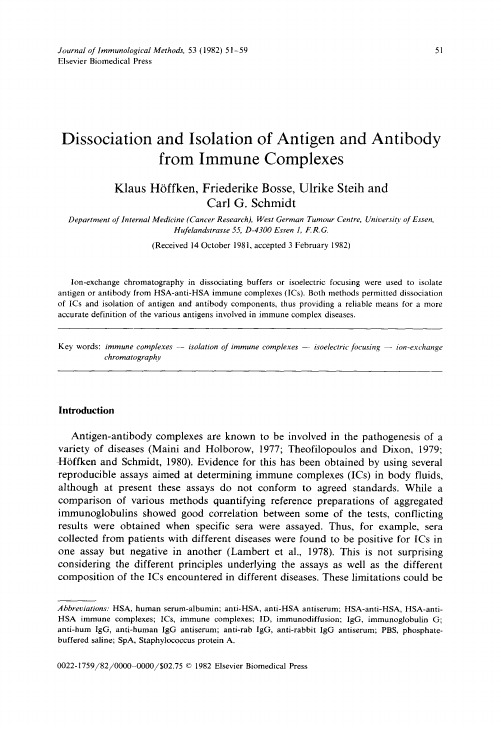Methods Dissociation and isolation of antigen and antibody from immune complexes