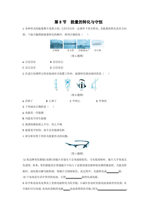 2019浙教版九年级科学同步练习附答案第三章第8节  能量的转化与守恒