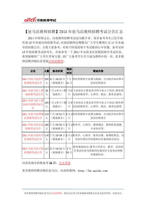 【驻马店教师招聘】2015年驻马店教师招聘考试公告汇总