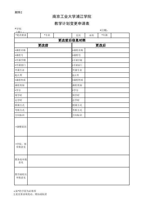 南京工业大学浦江学院教学计划变更申请表(最新)