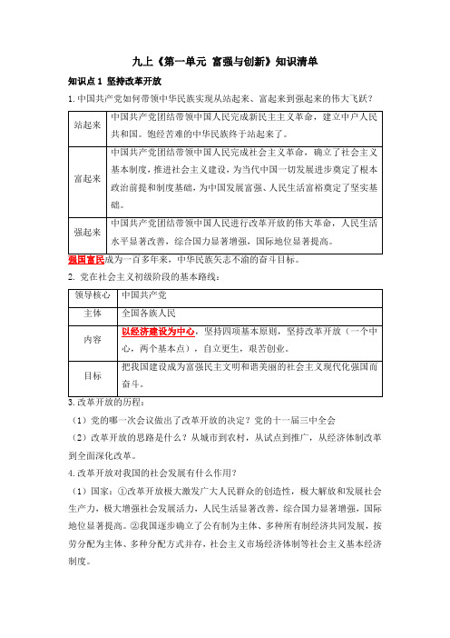 部编版九年级道德与法治上册第一单元 富强与创新(知识清单)