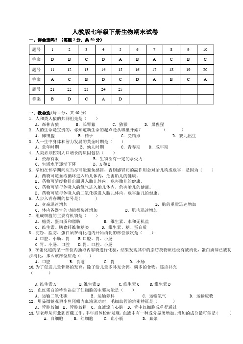 2017-2018人教版七年级下册生物期末测试题及答案