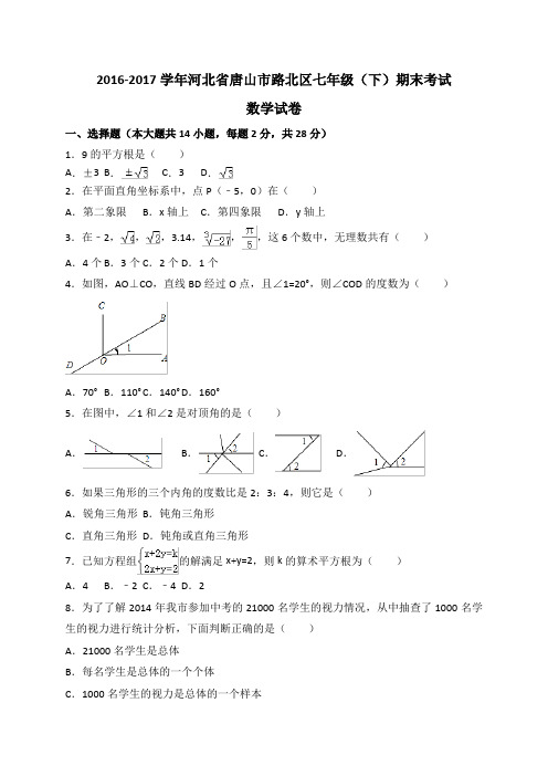 河北省唐山市路北区2016-2017学年七年级下学期期末考试数学试卷试题及答案(解析版)