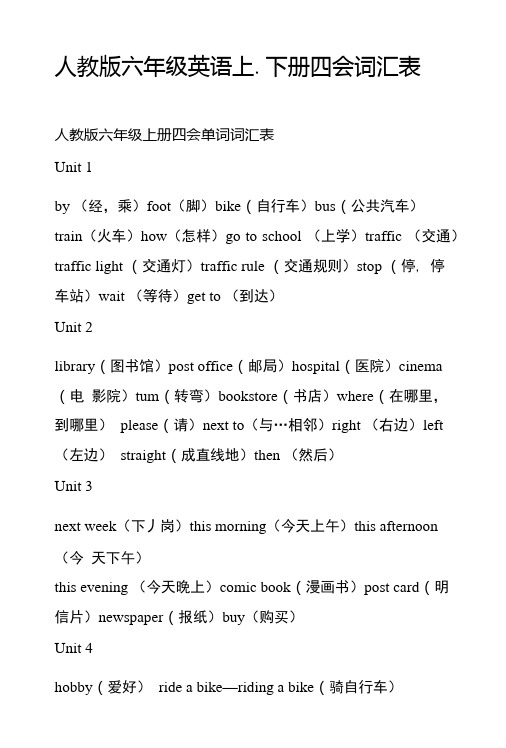 人教版六年级英语上、下册四会词汇表.doc