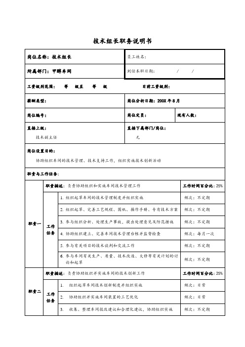 甲醇车间技术组长职务说明书