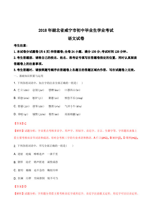 2108年九年级语文中考各地真题：048.精品解析：湖北省咸宁市2018年初中中考语文试题(解析版)