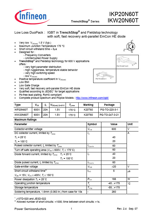 INFINEON IKP20N60T 说明书