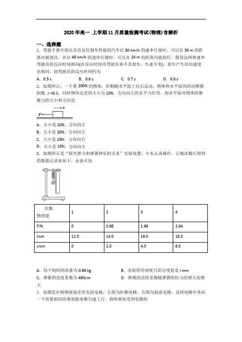 2020年高一 上学期11月质量检测考试(物理)含解析