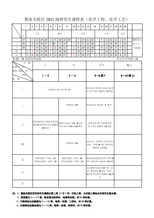 蔡家关校区2011级研究生课程表(化学工程、化学工艺)