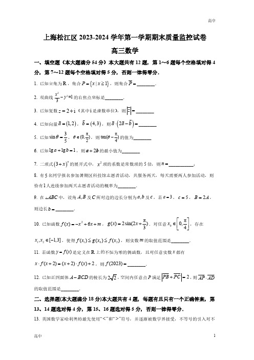 2024届上海松江区高三一模数学试卷和答案