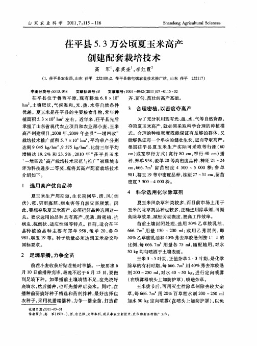 茌平县5.3万公顷夏玉米高产创建配套栽培技术