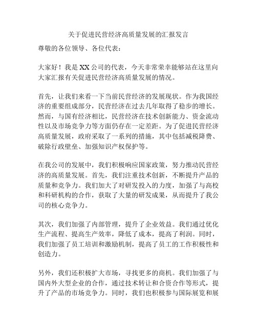 关于促进民营经济高质量发展的汇报发言