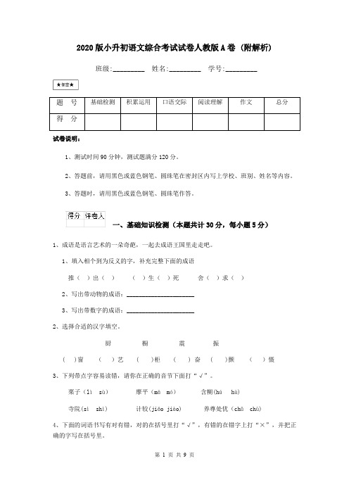 2020版小升初语文综合考试试卷人教版A卷 (附解析)