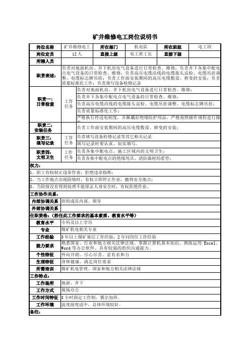 矿井维修电工岗位说明书