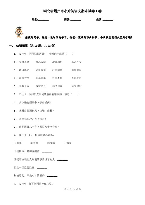 湖北省荆州市小升初语文期末试卷A卷