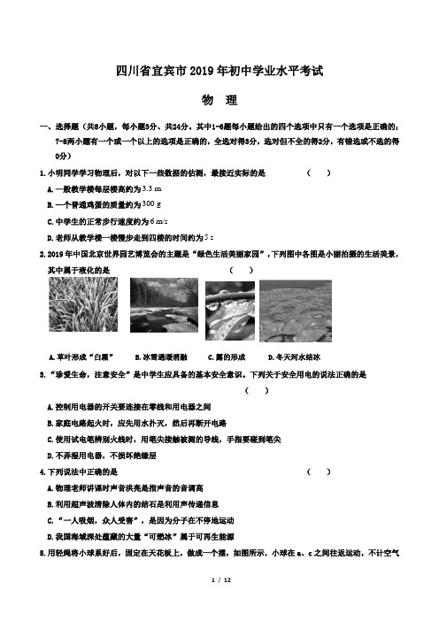 2019年四川省宜宾市中考物理试卷及答案解析