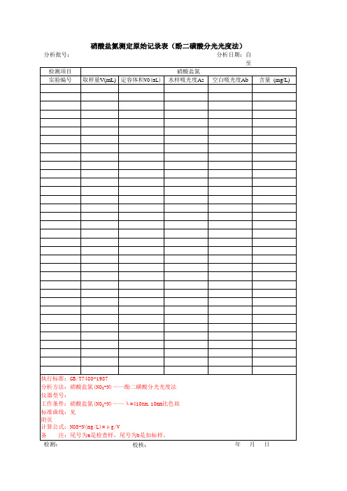 分光光度法测定原始记录表