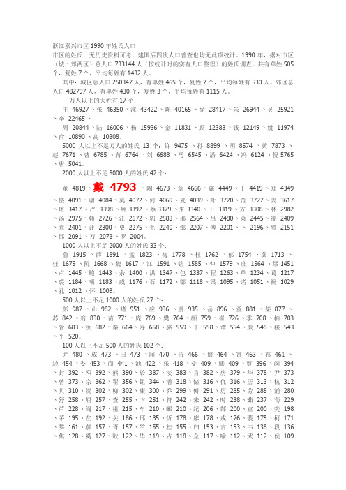 浙江嘉兴市区1990年姓氏人口