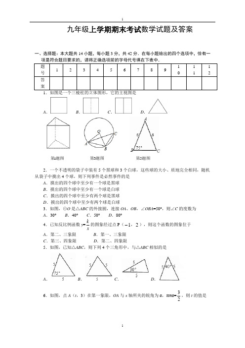 人教版九年级上期末数学试卷16 含答案