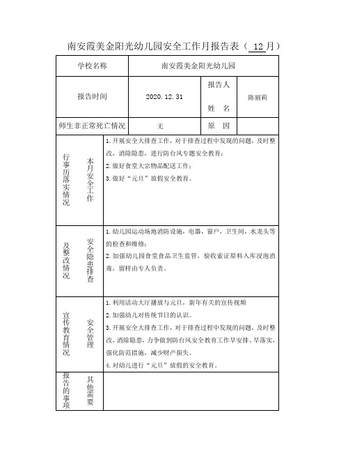 安全工作月报告表12月份