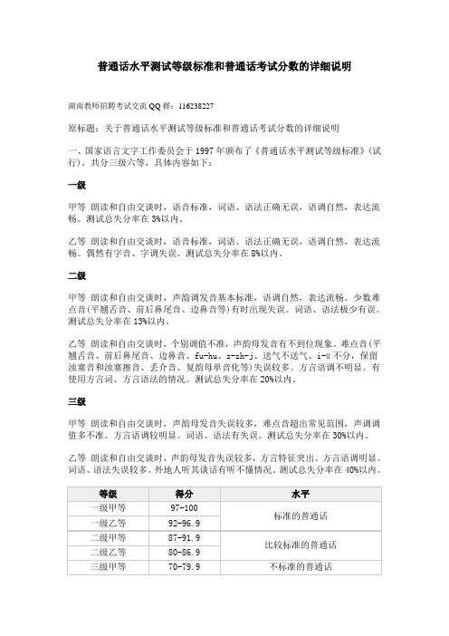 普通话水平测试等级标准和普通话考试分数的详细说明