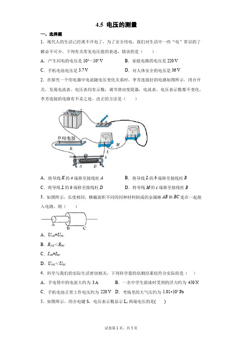 4.5 电压的测量  练习-2024-2025学年八年级科学上册同步备课系列(浙教版)