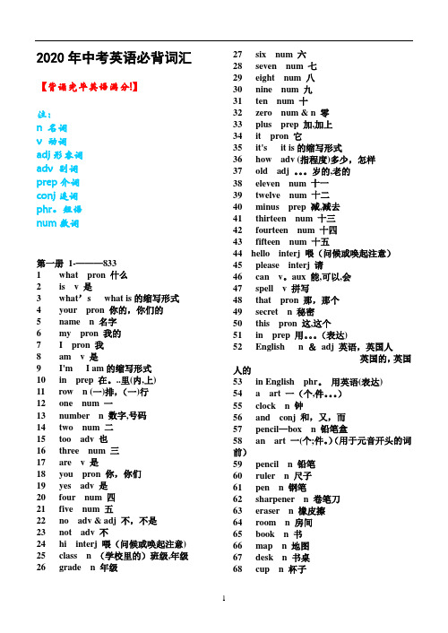 2020中考必考必备英语词汇表