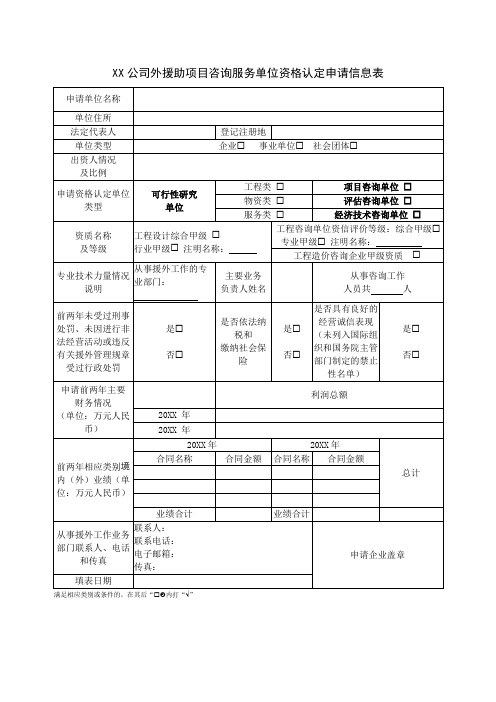 对外援助项目咨询服务单位资格认定申请信息表【模板】