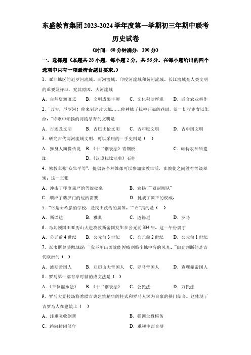 福建省漳州市2023-2024学年部编版九年级历史上学期期中考试卷(含解析)