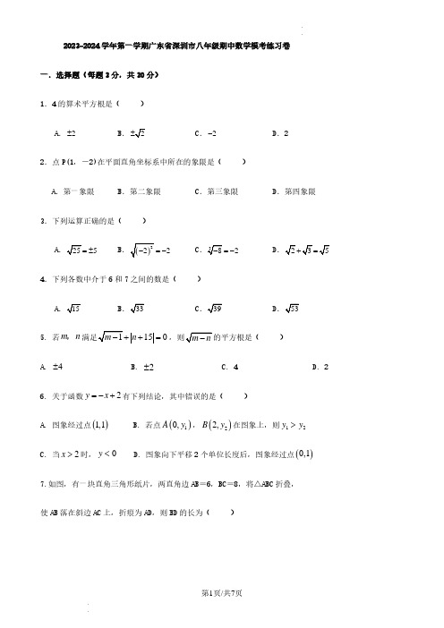 2023-2024学年第一学期广东省深圳市八年级期中数学模考练习卷