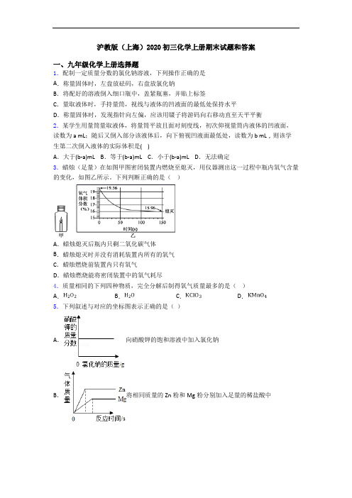 沪教版(上海)2020初三化学初三化学上册期末试题和答案