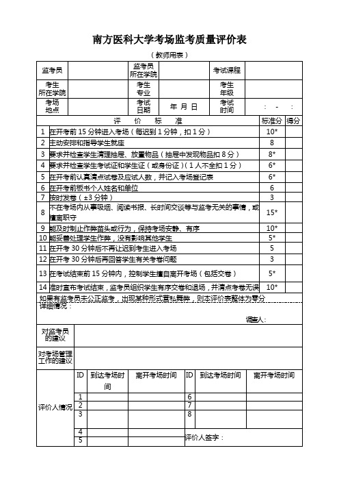 南方医科大学考场监考质量评价表