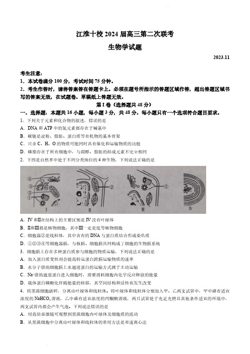 2023-2024学年安徽省江淮十校高三上学期第二次联考生物试题及答案