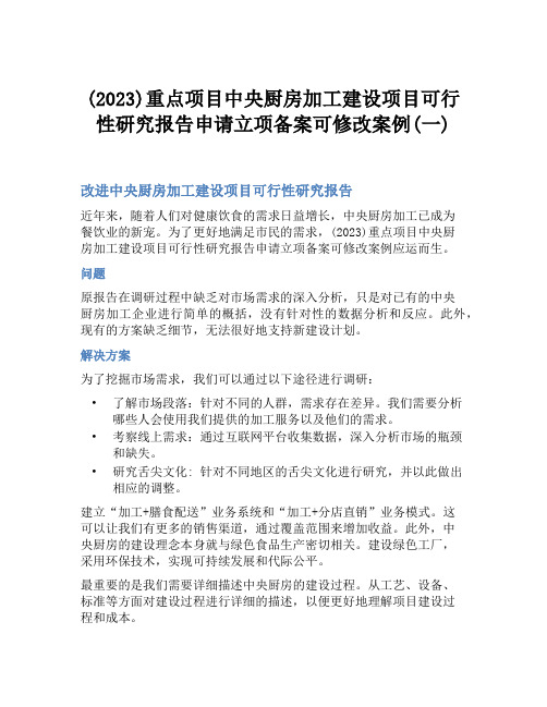 (2023)重点项目中央厨房加工建设项目可行性研究报告申请立项备案可修改案例(一)