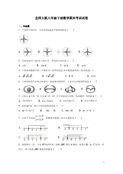 北师大版八年级下册数学期末考试试题含答案