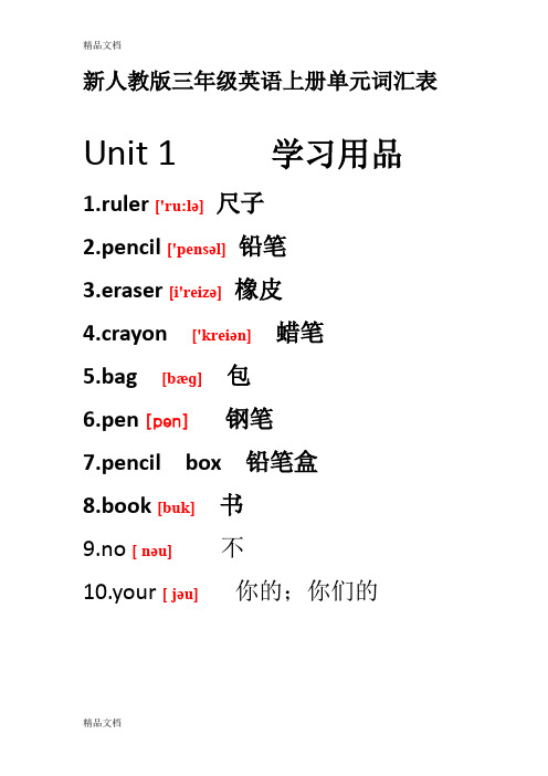 新人教版三年级英语上册单元词汇表(汇编)