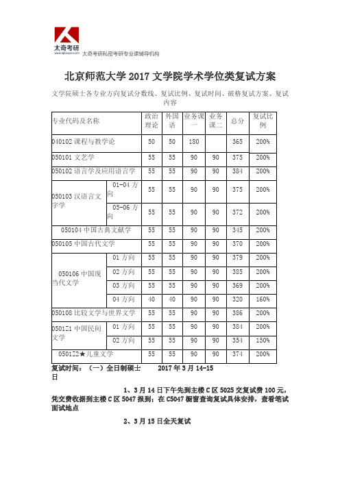 北京师范大学2017文学院学术学位类复试方案